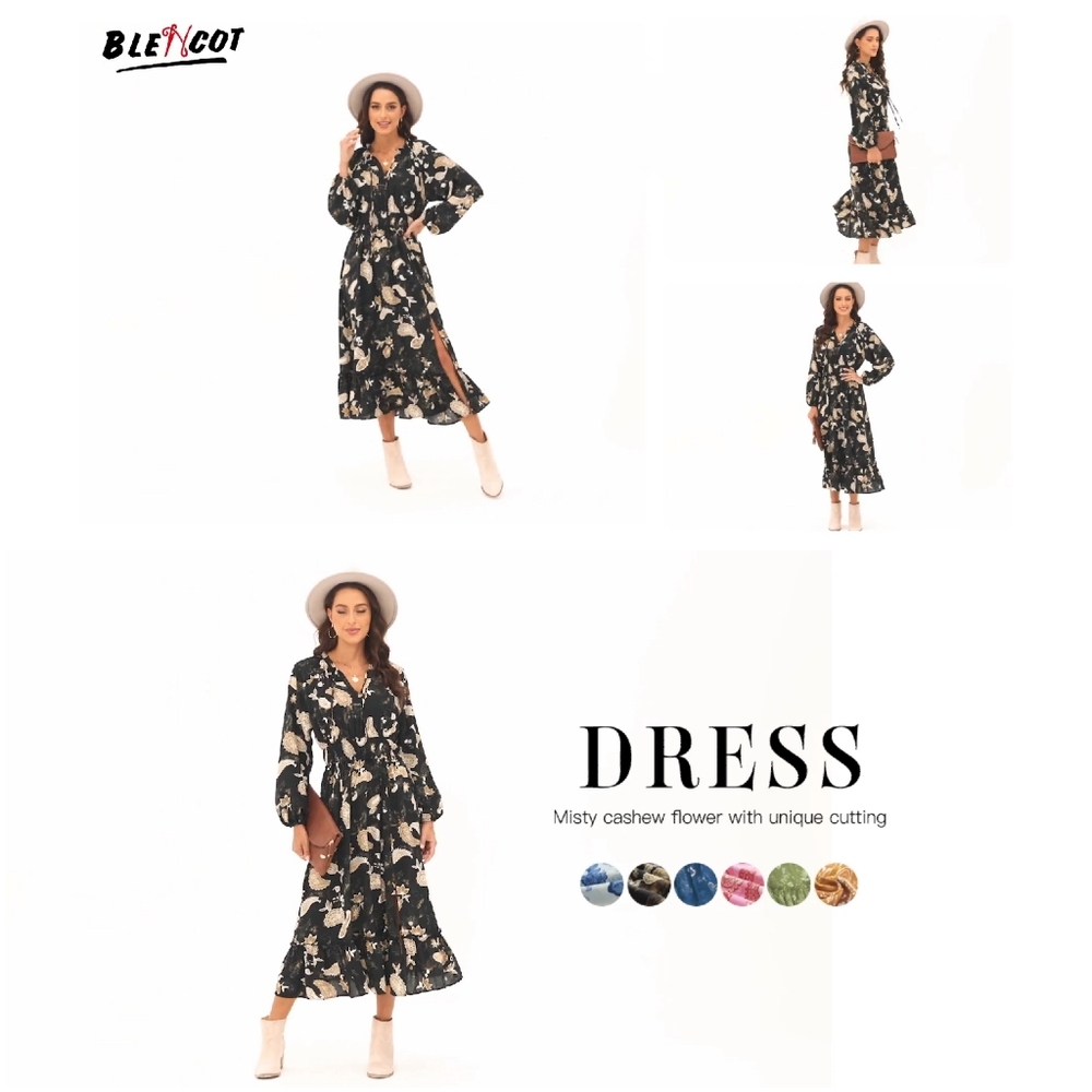 Like New Blencot Black Yellow Paisley Floral Long Sleeve Flowy Maxi Dress L - Picture 8 of 13